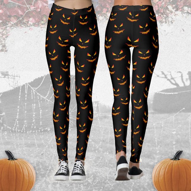 Cool and scary Jack O'Lantern face Halloween Black Leggings (Creator Uploaded)