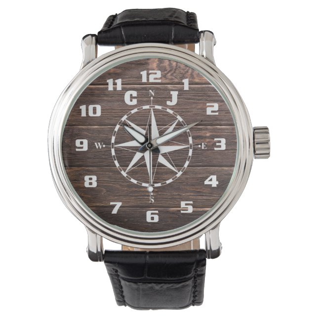 Cool and stylish Rustic Nautical Compass Monogram Watch (Front)