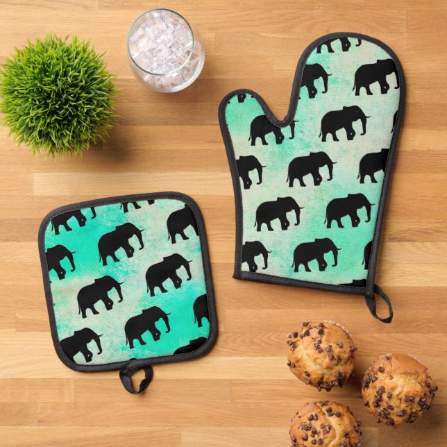Cool Animal Pattern - Elephant 5a Oven Mitt & Pot Holder Set (Top Down)