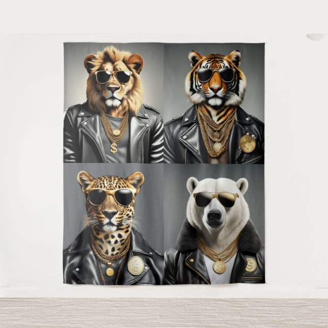 Cool Animal With Sunglasses And A Leather Jacket Tapestry (Front)