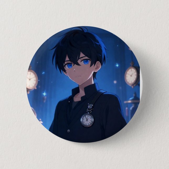 Cool Anime Boy Blue Eyes & Clocks Aesthetic Button (Front)