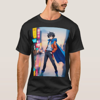 Cool Anime Boy in Neon City – Stylish Anime Charac T-Shirt