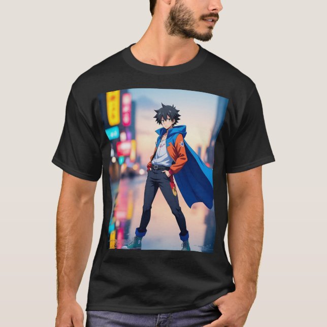 Cool Anime Boy in Neon City – Stylish Anime Charac T-Shirt (Front)