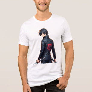 Cool Anime Boy with Sword and Black Jacket in City Tri-Blend Shirt