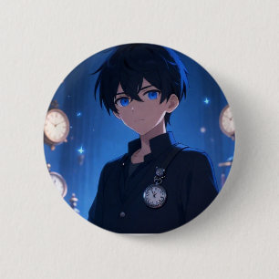 Cool Anime Boy with Vintage Clocks Blue Aesthetic 6 Cm Round Badge