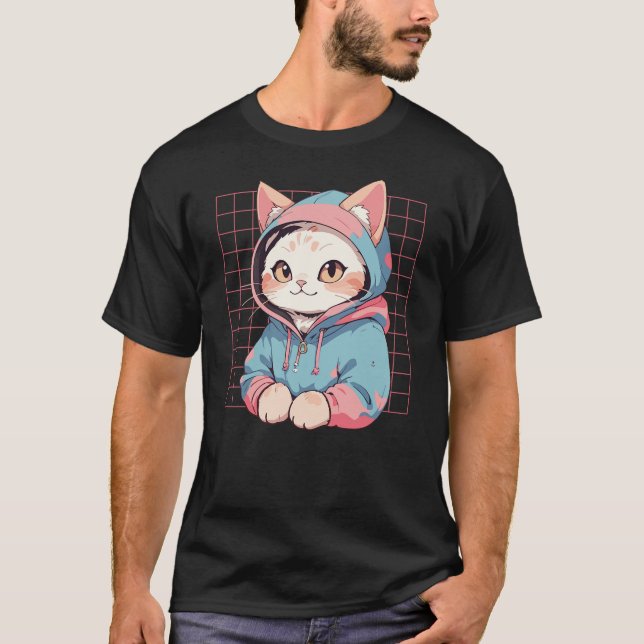 Cool Anime Cat Cute Japanese Cartoon Style Graphic T-Shirt (Front)