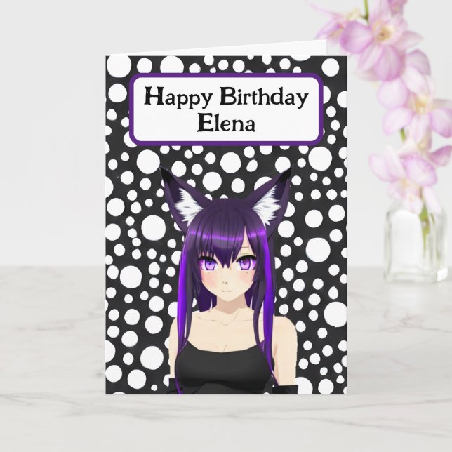 Cool Anime Girl with Purple Hair and Eyes Birthday Card (Orchid)