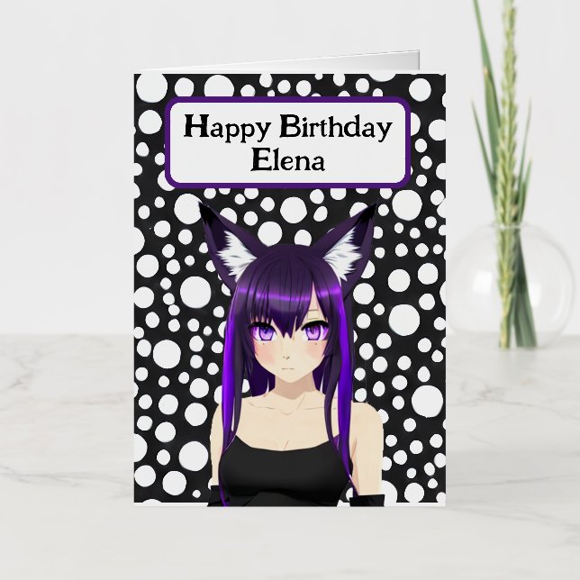Cool Anime Girl with Purple Hair and Eyes Birthday Foil Greeting Card (Front)