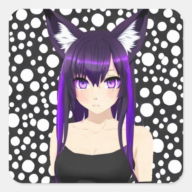 Cool Anime Girl with Purple Hair and Eyes Square Sticker (Front)