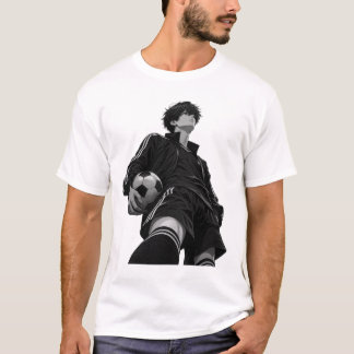 Cool Anime Soccer Boy Black and White Illustration T-Shirt