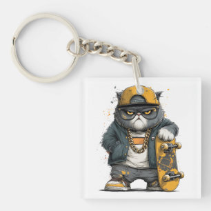 Cool Anthropomorphic Cat in Hip Hop Attire Key Ring
