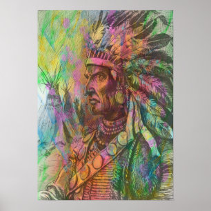 Cool antique native american Indian clipart colour Poster