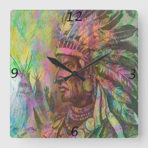 Cool antique native american Indian clipart colour Square Wall Clock