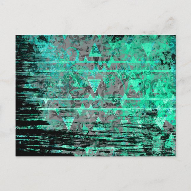 Cool Aqua and Grey Tribal Triangles Grunge Postcard (Front)