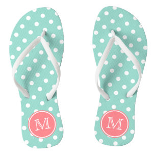 Cool Aqua and White Polka Dots with Coral Pink Jandals