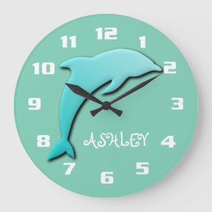 Cool Aqua Blue Dolphin Monogram Large Clock