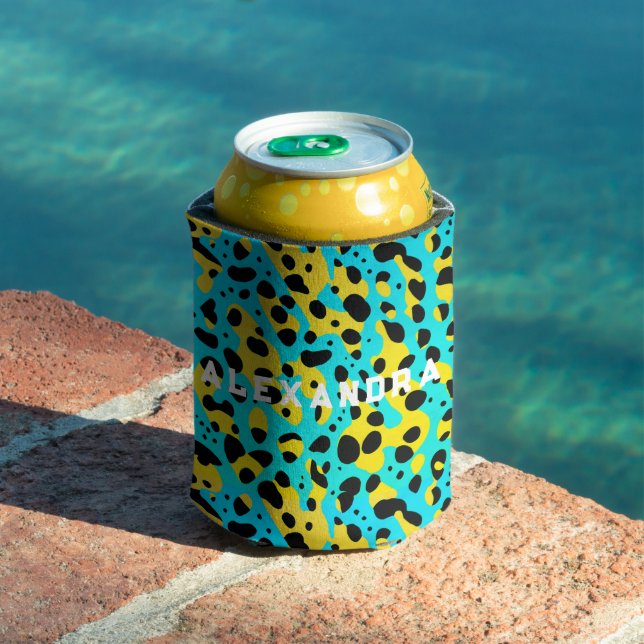 Cool Aqua Blue Neon Leopard Spots Jungle Bold Typo Can Cooler (In Situ Pool)