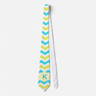 cool aqua blue, yellow chevron stripes monogram tie