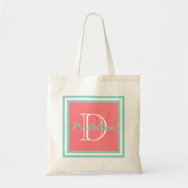 Cool Aqua on Coral Pink Monogram Tote Bag (Front)