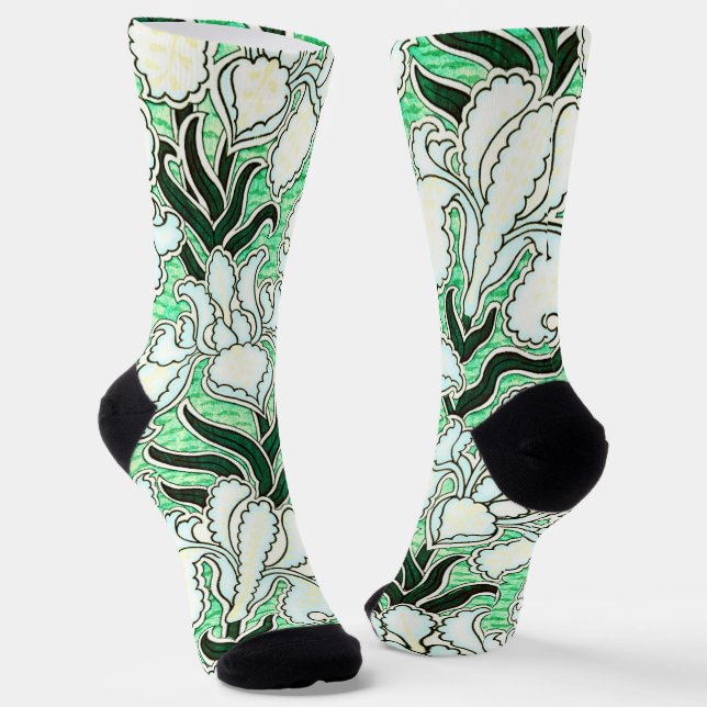 Cool Art Deco Style Floral Pattern Green Socks (Angled)