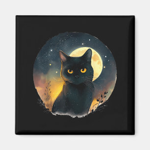 Cool Art Graphic Black Cat With Moon Magnet