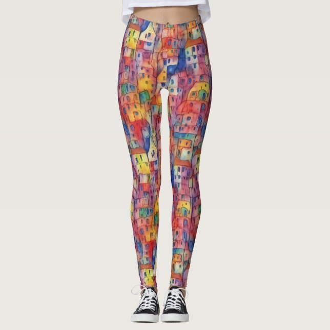 Cool Artsy Colourful City House Watercolor Pattern Leggings (Front)