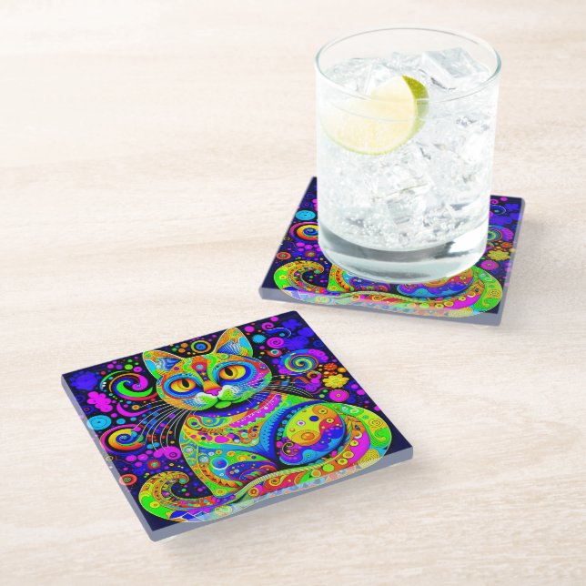 Cool Artsy Whimsical Vibrant Colourful Cat Coaster (Angled)
