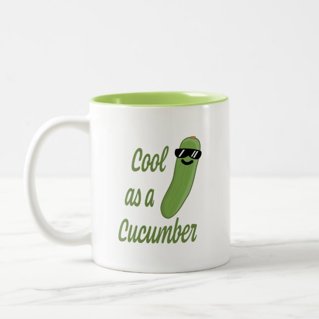 Cool as a Cucumber! Cute Cucumber Cartoon Two-Tone Coffee Mug (Left)