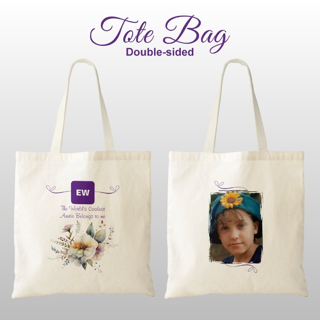Cool Auntie add photo initials floral purple Tote Bag (Creator Uploaded)