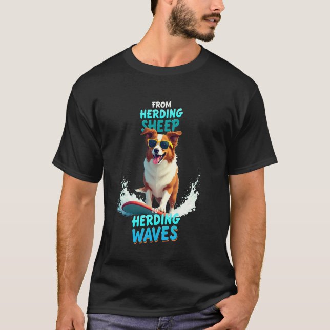 Cool Australian Shepherd Surfing Dog T-Shirt (Front)