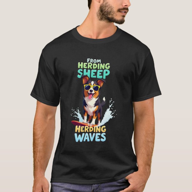 Cool Australian Shepherd Surfing Dog T-Shirt (Front)