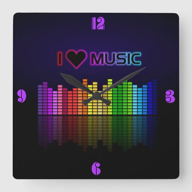 Cool awesome trendy "I Love Music" neon colours Square Wall Clock (Front)
