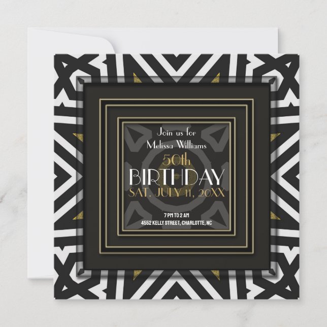 Cool Aztec Boho Black White Gold 50th Birthday Invitation (Front)