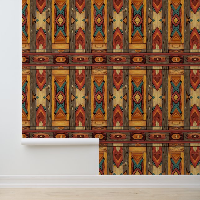 cool Aztec Western faux wood tiled pattern Wallpap Wallpaper (Application)