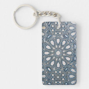 Cool Azure & White Mediterranean Tile Key Ring