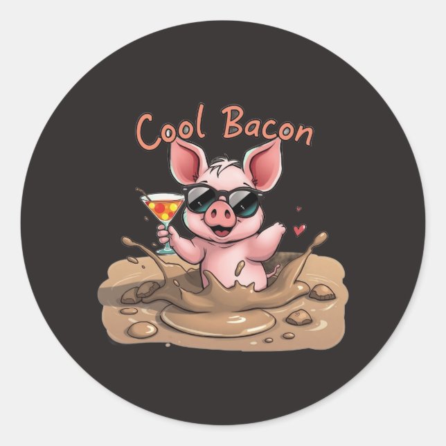 "Cool Bacon" Piglet in Sunglasses Classic Round Sticker (Front)