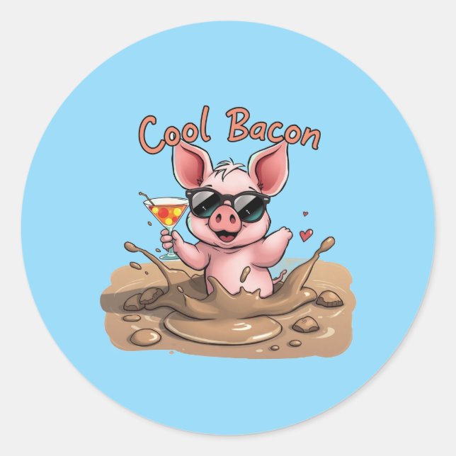 "Cool Bacon" Piglet in Sunglasses Classic Round Sticker (Front)