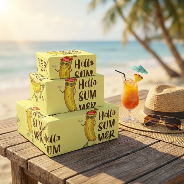 Cool Banana Hello Summer Funny Tropical Fruit  Wrapping Paper (Creator Uploaded)