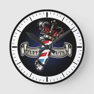 Cool Barber Pole and Crown Logo Personalize 2 Round Clock