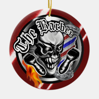 Cool Barber Skull with Flaming Razor Ceramic Tree Decoration
