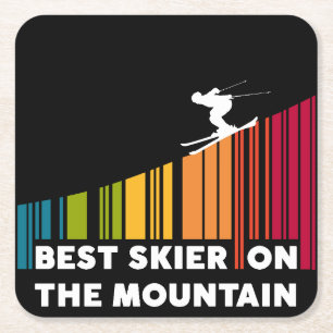 Cool Barcode Design Best Skier On The Mountain  Square Paper Coaster