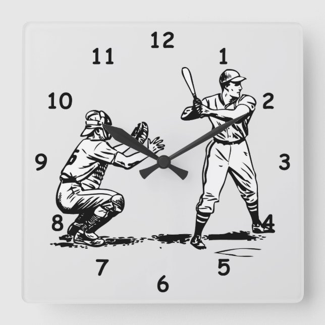 Cool Baseball Batter and Catcher Batting Sketch Square Wall Clock (Front)