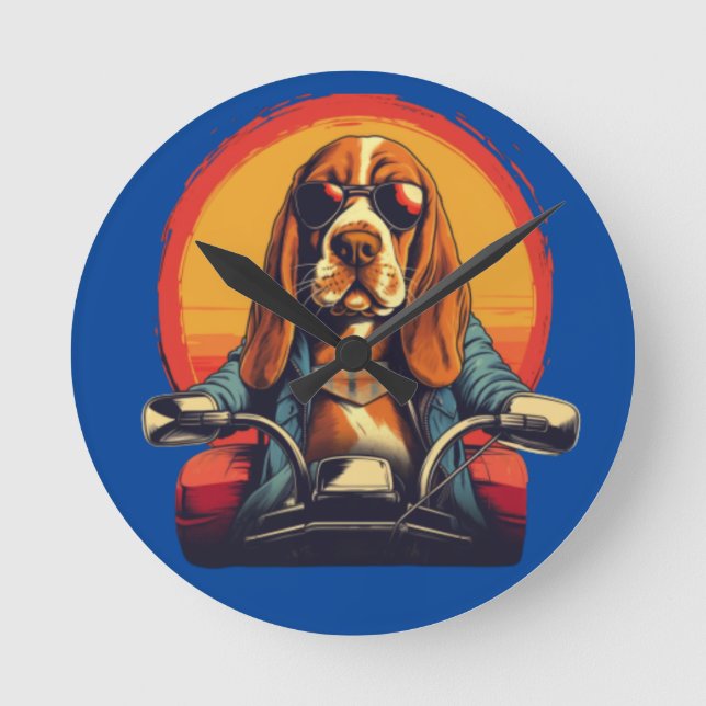 Cool basset hound biker in the sunset round clock (Front)