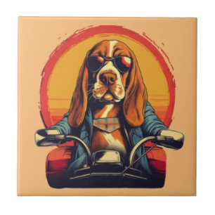Cool basset hound biker in the sunset tile