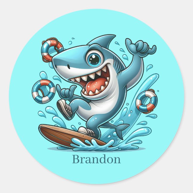 Cool Beach shark lovers surfing add name Classic Round Sticker (Front)