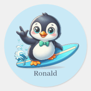 Cool beach surfing penguin add name classic round sticker