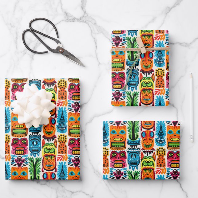 Cool beach tiki head tiled pattern wrapping paper sheet (Front)