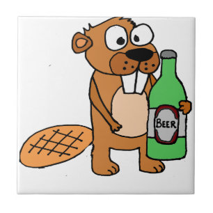 Cool Beaver Drinking Beer Cartoon Tile