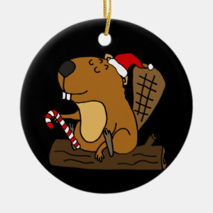 Cool Beaver in Santa hat Christmas Cartoon Ceramic Tree Decoration