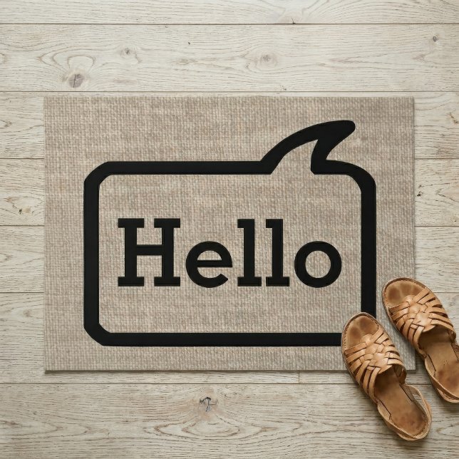Cool Beige Burlap Look Modern Speech Bubble Hello Doormat (Creator Uploaded)